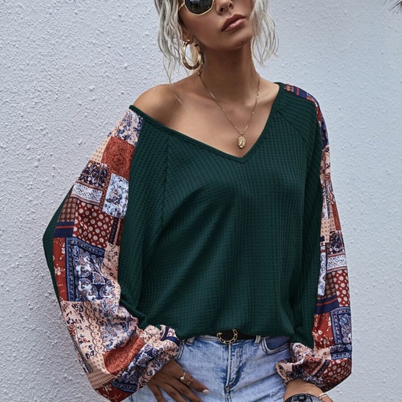 brown  v neck wide sleep waffle long sleeve top - Picture 6 of 16